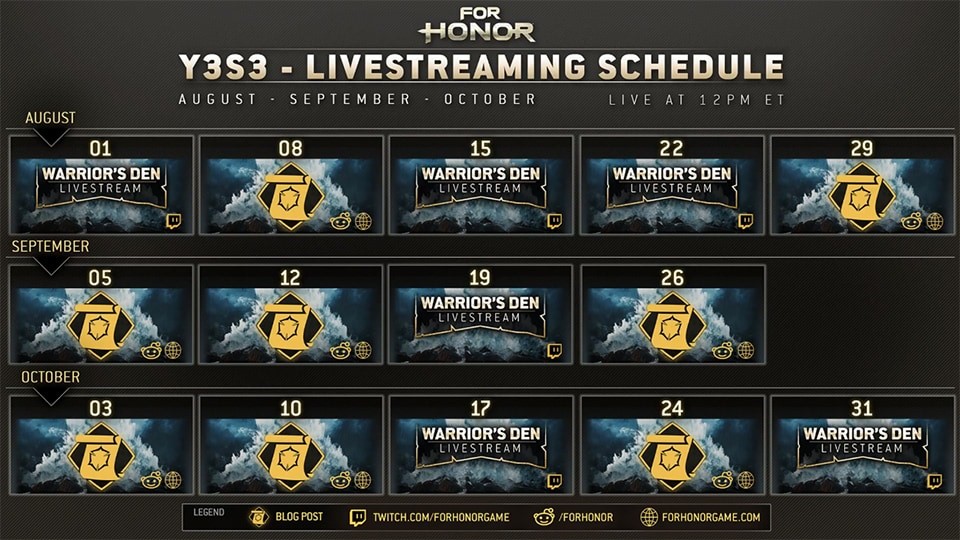 For Honor Warrior's Den Livestreaming schedule